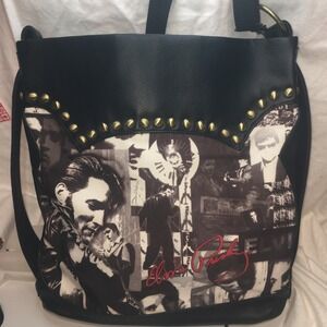 Elvis Presley Photo Black Leather Look Gold Studded Lg. Tote Bag Purse Ashley M